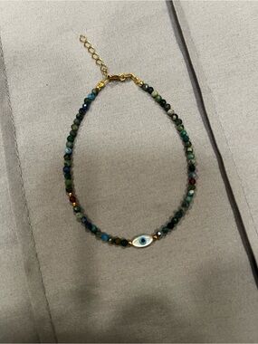 Beaded Evil Eye Bracelet in Green Multi with Gold Accent